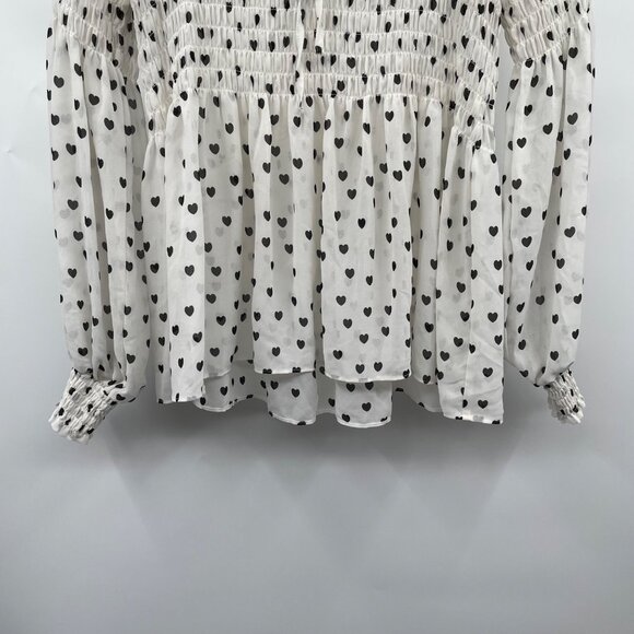 Rose + Olive Heart Print Blouse Long Sleeve Smocked Ivory/Black Size Small - Picture 3 of 8
